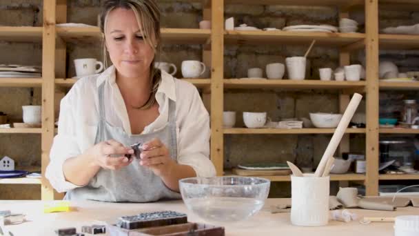 Een aantrekkelijke professionele handwerkster aan het werk in haar prachtige werkplaats — Stockvideo