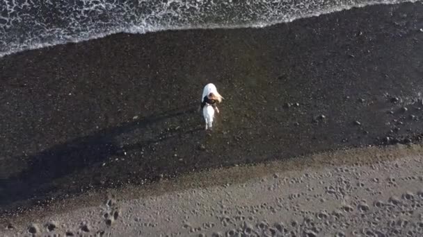 Jeune belle femme chevauchant un cheval blanc élégant sur la plage — Video