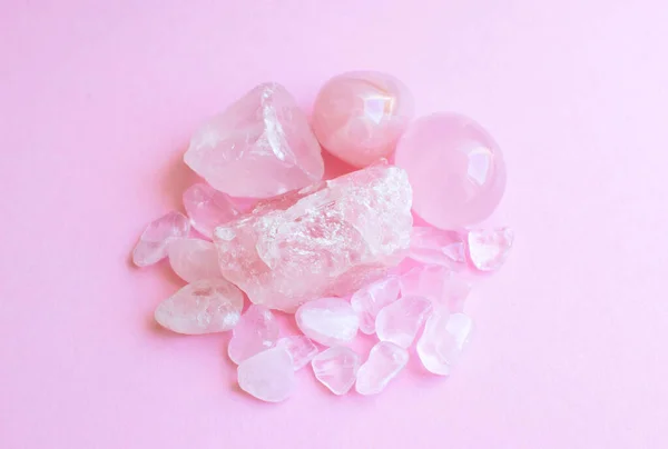 Crystals Rose Quartz Pink Background Beautiful Semi Precious Stones Stock Picture