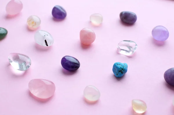 Gems Different Colors Amethyst Rose Quartz Agate Apatite Aventurine Olivine — Fotografia de Stock