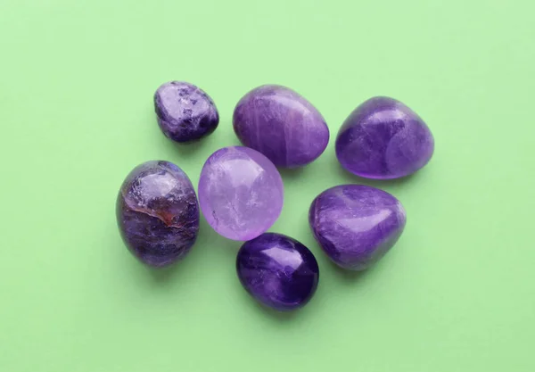 Gems Different Colors Amethysts Green Background — Foto Stock