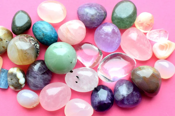 Gems Different Colors Amethyst Rose Quartz Agate Apatite Aventurine Olivine — Stock Photo, Image