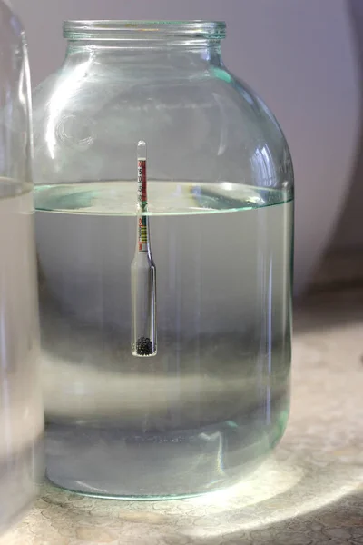 Alcoholímetro en un vaso de aguardiente. Medidor de vino para determinar el porcentaje de alcohol. — Foto de Stock