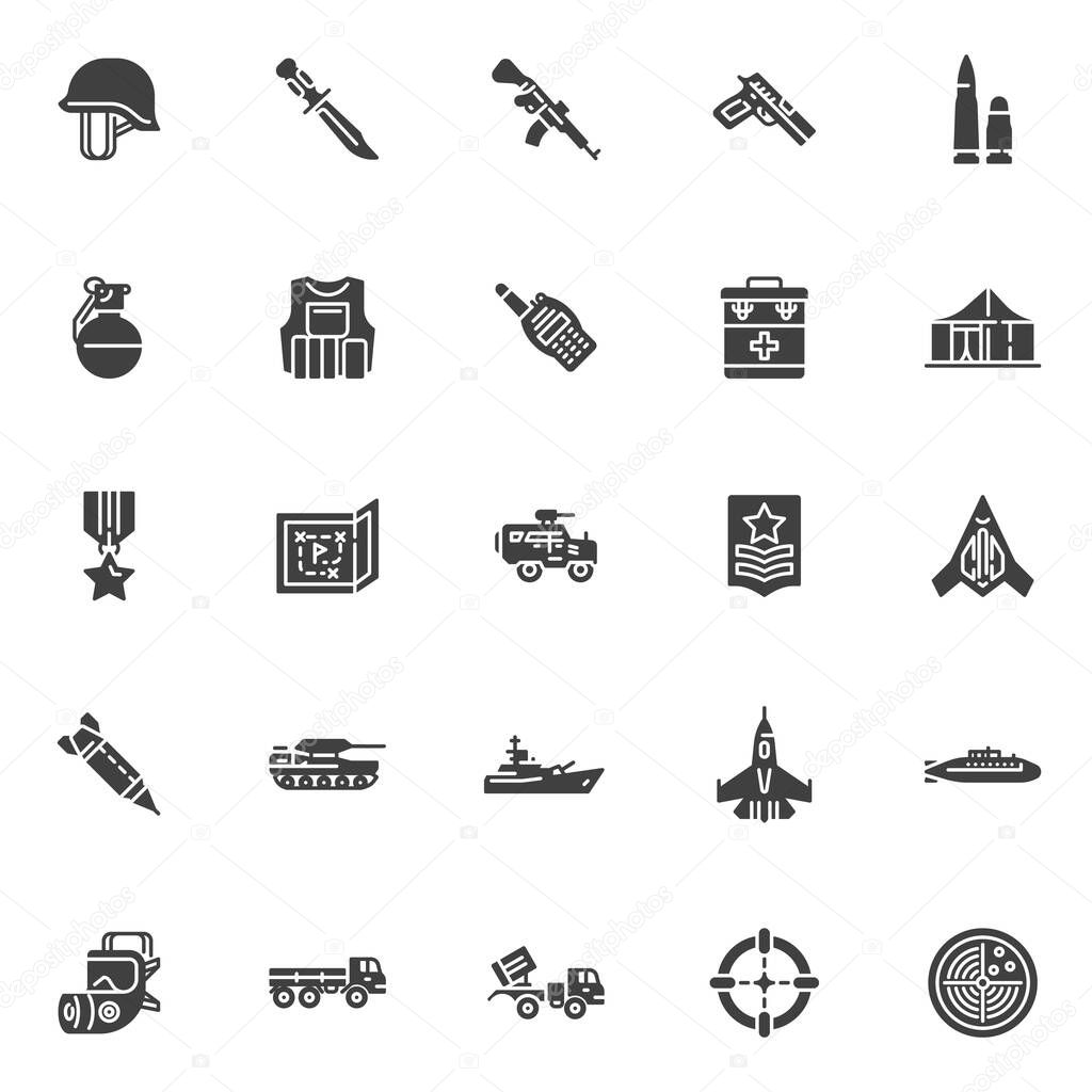 Military and war vector icons set, modern solid symbol collection, filled style pictogram pack. Signs, logo illustration. Set includes icons as military transportation, jet fighter, weapon and gun