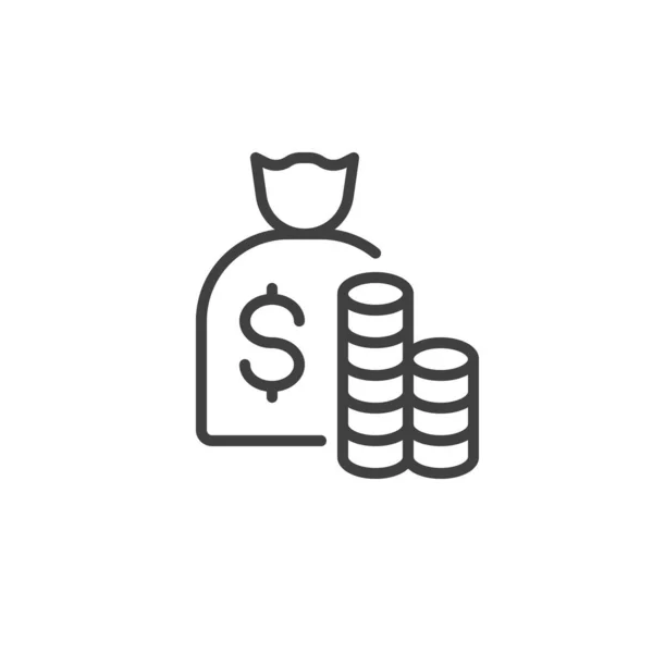 Monedas y dinero icono de línea bolsa — Vector de stock