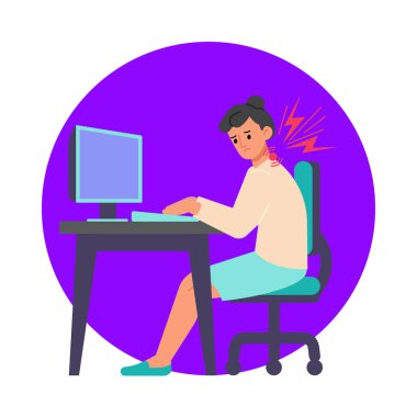 Kadının iş yerindeki vektör illüstrasyonunda boyun ağrısı belirtileri var.