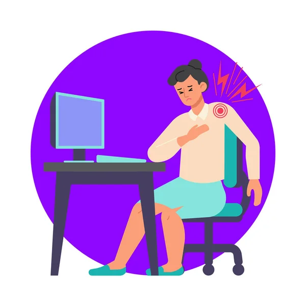 Femme avec douleur à l'épaule symptôme au travail illustration vectorielle — Image vectorielle