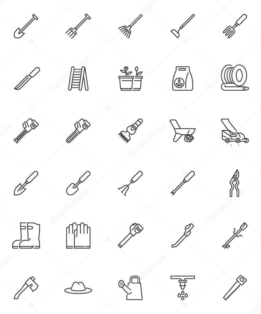 Gardening tools line icons set. linear style symbols collection, outline signs pack. Garden utensils vector graphics. Set includes icons as lawn mower, watering can, electric chainsaw, grass trimmer