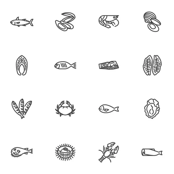 Tipos de conjunto de iconos de línea de mariscos — Archivo Imágenes Vectoriales
