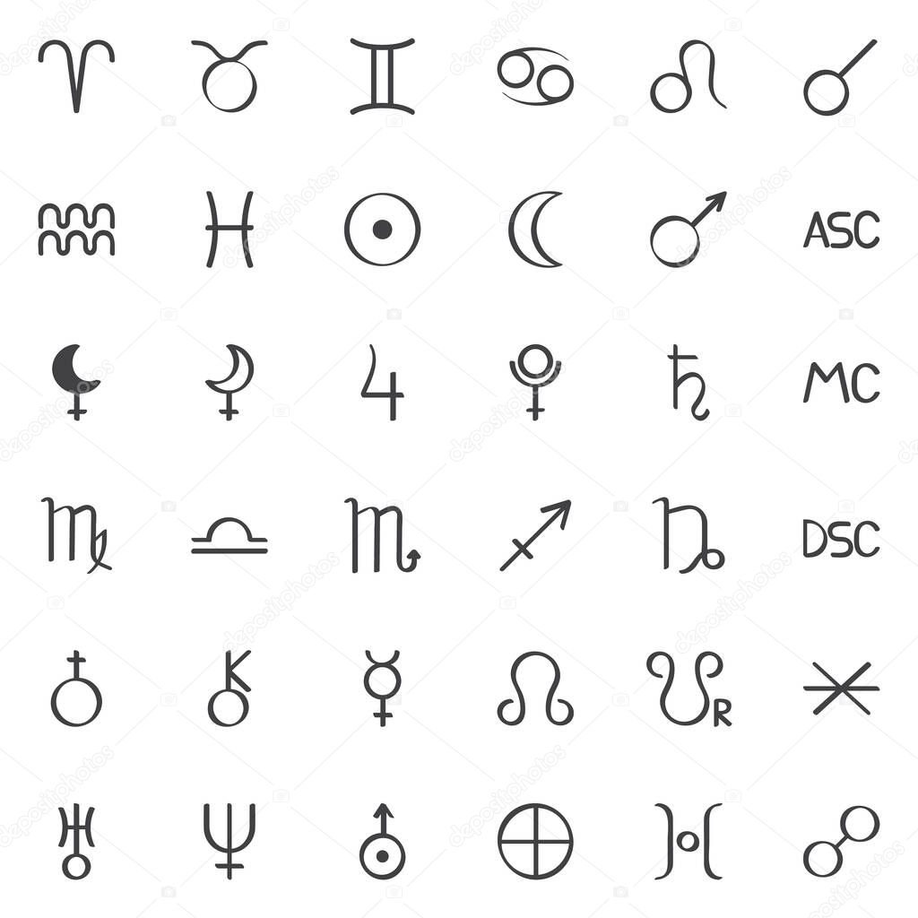 Astrology signs line icons set. Horoscope linear style symbols collection, outline signs pack. Astrology zodiac vector graphics. Set includes icons as Aries, Taurus, Gemini, Capricorn, Saturn, Uranus