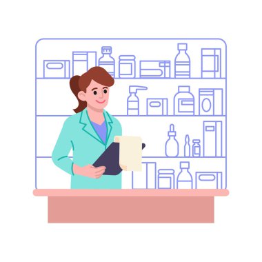 Eczane sayacı illüstrasyonundaki eczacı kadın.