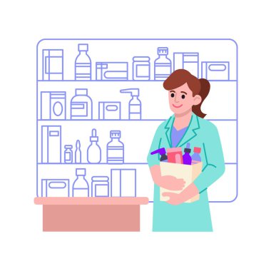 Eczacı kadın elinde ilaç çantası vektör çizimi tutuyor.