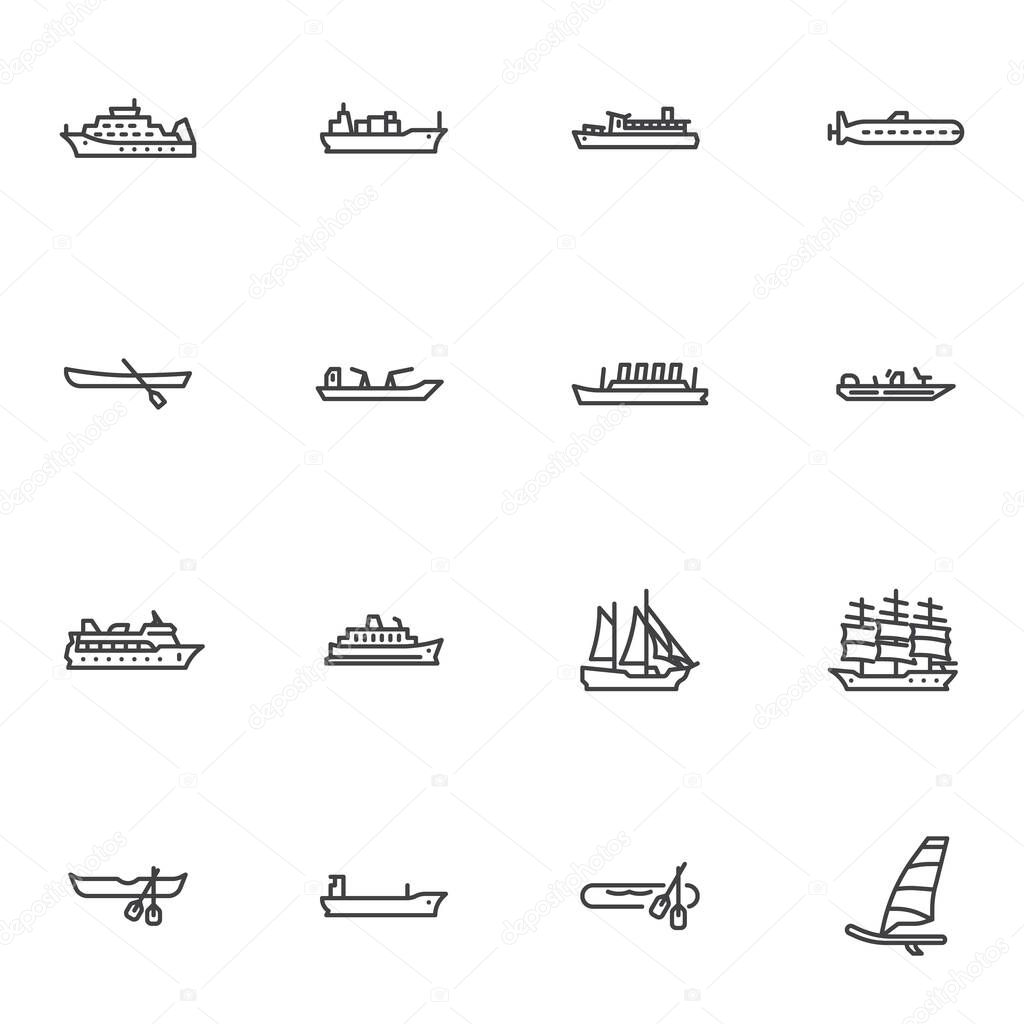 Ship and boat line icons set, outline vector symbol collection, linear style pictogram pack. Signs, logo illustration. Set includes icons as cruise ship, sailing yachts, submarine, sea transportation