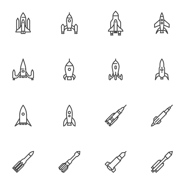 Conjunto de iconos de línea de cohetes y naves espaciales — Vector de stock