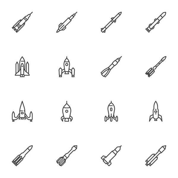 Conjunto de iconos de nave espacial y línea de cohetes — Vector de stock