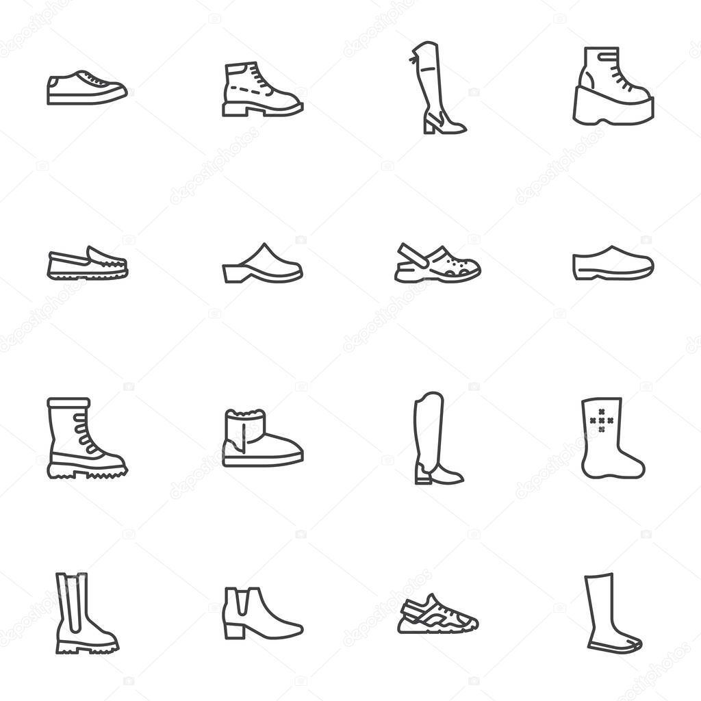 Womens shoes line icons set, outline vector symbol collection, linear style pictogram pack. Signs, logo illustration. Set includes icons as high boots, sport footwear, summer sandal, winter shoes