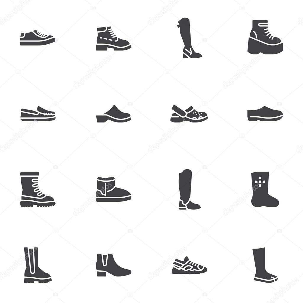 Womens shoes vector icons set, modern solid symbol collection, filled style pictogram pack. Signs, logo illustration. Set includes icons as high boots, sport footwear, summer sandal, winter shoes