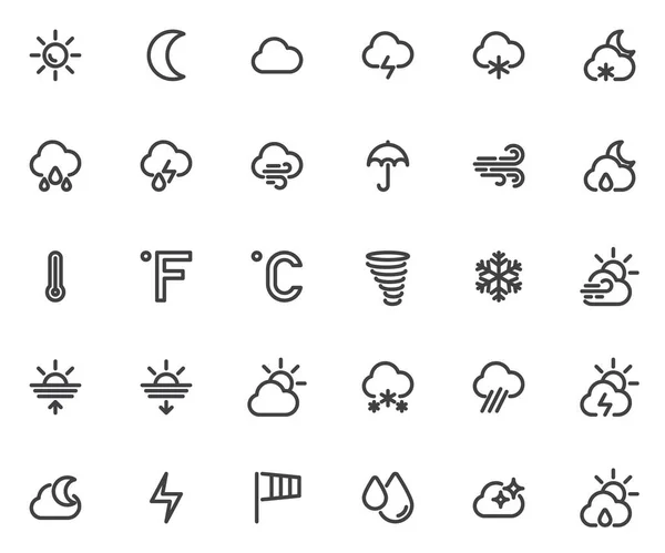 Previsão, conjunto de ícones de linha meteorológica — Vetor de Stock