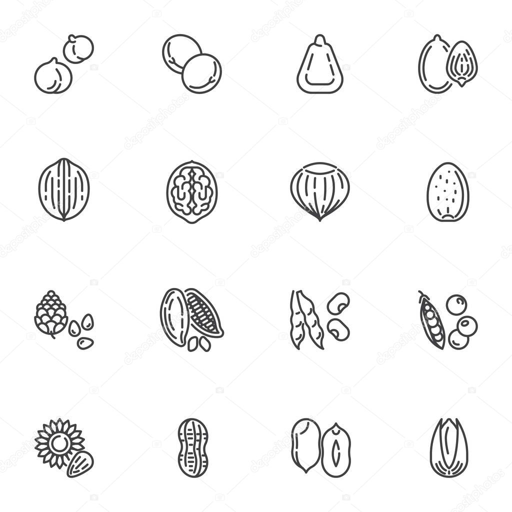 Nuts and beans line icons set, outline vector symbol collection, linear style pictogram pack. Signs, logo illustration. Set includes icons as peas, hop, almond, peanut, macadamia, walnut, hazelnut