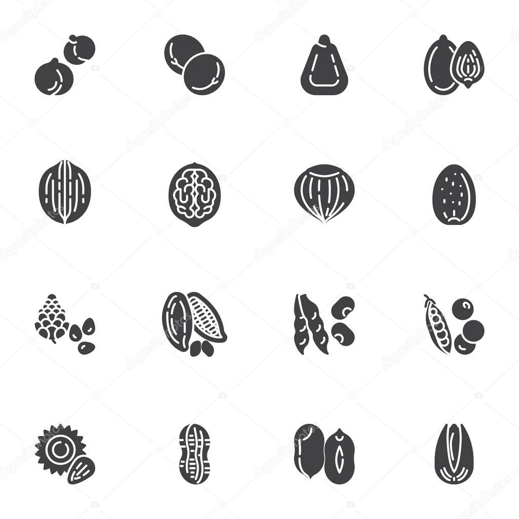 Nuts and beans vector icons set, modern solid symbol collection, filled style pictogram pack. Signs, logo illustration. Set includes icons as peas, hop, almond, peanut, macadamia, walnut, hazelnut