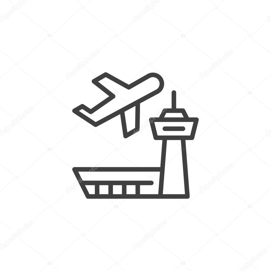 Airport building and plane line icon
