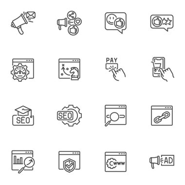 Seo pazarlama çizgisi simgeleri seti