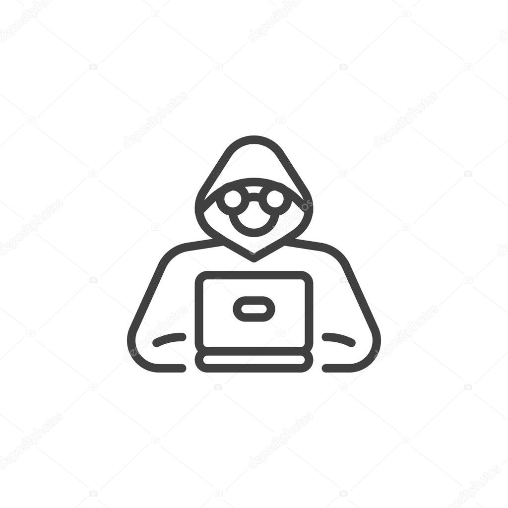 Hacker with laptop line icon. linear style sign for mobile concept and web design. Computer hacker outline vector icon. Symbol, logo illustration. Vector graphics