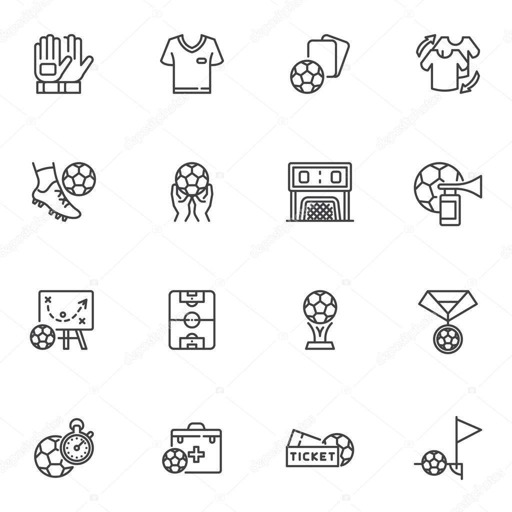 Soccer sport line icons set, football game outline vector symbol collection, linear style pictogram pack. Signs, logo illustration. Set includes icons as goalkeeper gloves, champion cup, corner kick