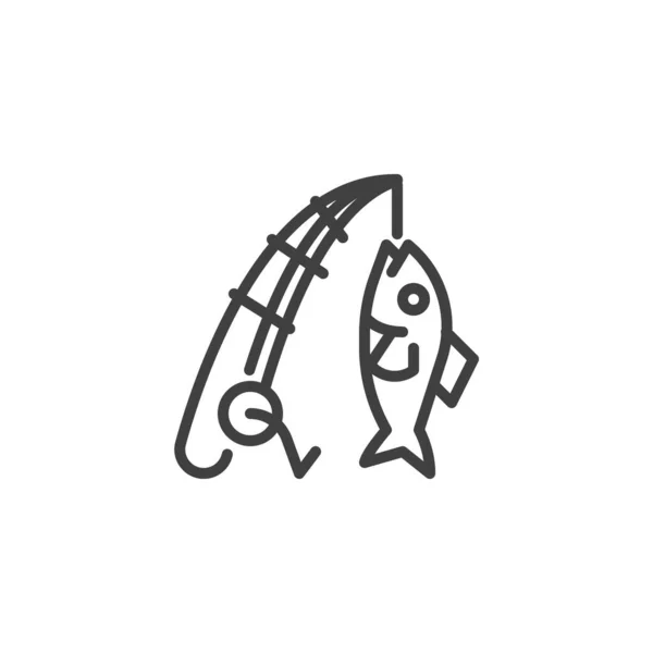 Caña de pescar con icono de línea de pescado — Vector de stock