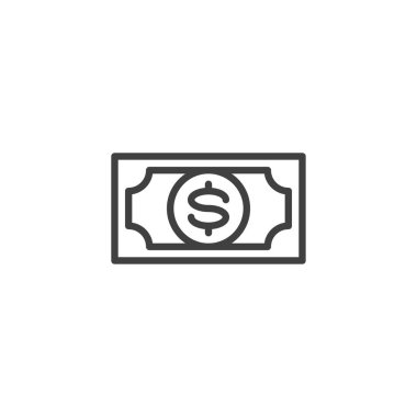 Dolar banknotları simgesi. Mobil konsept ve web tasarımı için doğrusal biçim işareti. Nakit para taslak vektör ikonu. Sembol, logo çizimi. Vektör grafikleri