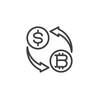 Para bozdurma hattı simgesi. Mobil konsept ve web tasarımı için doğrusal biçim işareti. Bir Dolar ve Bitcoin değiş tokuşu vektör ikonu. Sembol, logo çizimi. Vektör grafikleri