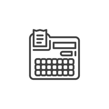 Yazar kasa ikonu. Mobil konsept ve web tasarımı için doğrusal biçim işareti. Para makinesi vektör simgesini özetliyor. Sembol, logo çizimi. Vektör grafikleri