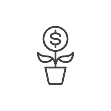 Para büyüme çizgisi simgesi. Mobil konsept ve web tasarımı için doğrusal biçim işareti. Dolar paralı bitki taslak vektör simgesi. Sembol, logo çizimi. Vektör grafikleri