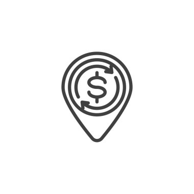 Para değişimi konumu pin hattı simgesi. Mobil konsept ve web tasarımı için doğrusal biçim işareti. Dolar hatlı vektör ikonlu GPS işaretçisi. Sembol, logo çizimi. Vektör grafikleri