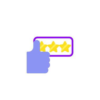 Müşteri değerlendirmesi düz simge, vektör işareti, geri bildirim ve beyaza izole edilmiş renkli resimli yıldızlar. Sembol, logo çizimi. Düz biçim tasarımı