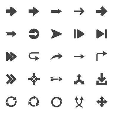 Temel ok vektör simgeleri seti, modern katı sembol koleksiyonu, doldurulmuş biçim piktogram paketi. İşaretler, logo illüstrasyonu. Yönlendirme imleci olarak simgeleri, yön işaretçisini, sağ, sol, indir