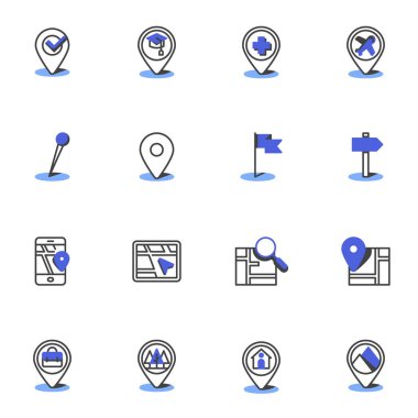 GPS yön bulma çizgisi simgeleri ayarlandı, taslak vektör sembolü koleksiyonu, doğrusal biçim piktogram paketi. İşaretler, logo illüstrasyonu. Harita simgesi olarak simgeleri, havaalanı konumu şifresini, hedef işaretçiyi içerir