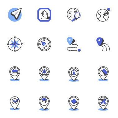 Haritalama, navigasyon çizgisi simgeleri seti, ana hatlı vektör sembolü koleksiyonu, doğrusal resim paketi. Logo illüstrasyonu işaretleri. GPS haritası işaretçisi, ofis konumu kodu, hedef olarak simgeleri küme