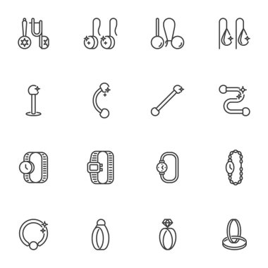 Mücevher çizgisi simgeleri seti, taslak vektör sembolü koleksiyonu, doğrusal stil piktogram paketi. İşaretler, logo illüstrasyonu. Küpe, pırlanta yüzük, piercing, kol saati, bileklik olarak simgeler