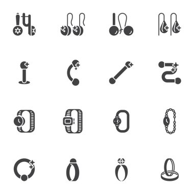 Mücevher vektör simgeleri seti, modern katı sembol koleksiyonu, doldurulmuş biçim piktogram paketi. İşaretler, logo illüstrasyonu. Küpe, pırlanta yüzük, piercing, kol saati, bileklik olarak simgeler