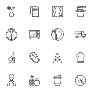 Restoran ve kafe çizgisi simgeleri seti, ana hat vektör sembolü koleksiyonu, doğrusal resim paketi. İşaretler, logo illüstrasyonu. Set, pizza, yemek servisi, garson, şef, bar içecekleri gibi ikonları içerir.