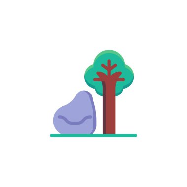 Açık alan düz simgesi, vektör işareti, Beyaz üzerinde izole edilmiş sandalye ve ağaç renkli resim. Sembol, logo çizimi. Düz biçim tasarımı