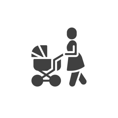 Bebek arabası taşıyıcı ikonu olan kadın. Mobil konsept ve web tasarımı için düz tabela. Anne, bebek arabasının simgesi. Sembol, logo çizimi. Vektör grafikleri