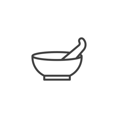 Pestle ve havan hattı ikonu. Mobil konsept ve web tasarımı için doğrusal biçim işareti. Kase ve kaşık çizgisi vektör simgesi. Sembol, logo çizimi. Vektör grafikleri