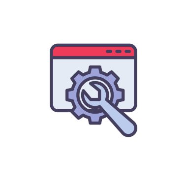 Web sitesi desteği taslak simgesi, satır vektör işareti, vitesli web sayfası ve beyaz üzerine izole edilmiş lineer renkli resimtogram. Seo sembolü, logo illüstrasyonu. Vektör grafikleri