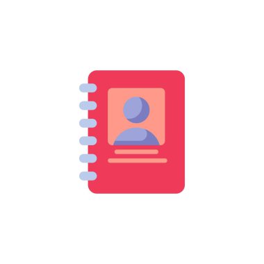 İletişim kitabı düz simgesi, vektör işareti, beyaz üzerine izole edilmiş renkli resimli kullanıcı teması. Sembol, logo çizimi. Düz biçim tasarımı