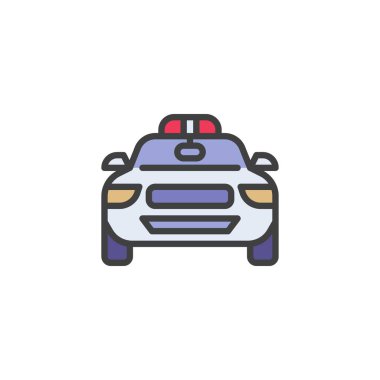 Polis arabası taslak ikonu, çizgi vektör işareti, beyaz üzerine izole edilmiş doğrusal renkli resim. Sembol, logo çizimi. Vektör grafikleri