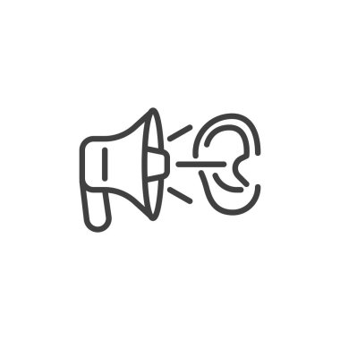 Gürültü kirliliği çizgisi simgesi. Mobil konsept ve web tasarımı için doğrusal biçim işareti. Megafon ve kulak çizgisi vektör simgesi. Sembol, logo çizimi. Vektör grafikleri