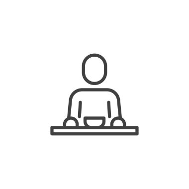 Kahvaltı çizgisi ikonu. Mobil konsept ve web tasarımı için doğrusal biçim işareti. Yemek tepsisi taslak vektör ikonu olan adam. Sembol, logo çizimi. Vektör grafikleri