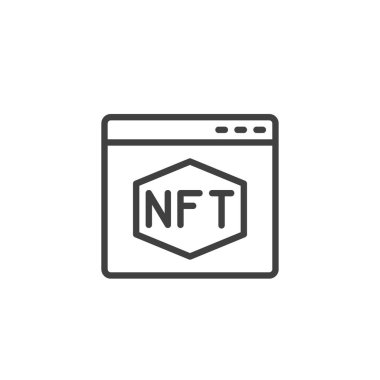 NFT web sitesi simgesi. Mobil konsept ve web tasarımı için doğrusal biçim işareti. Karşılanabilir olmayan sembolik piyasa ana hatları vektör simgesi. Sembol, logo çizimi. Vektör grafikleri